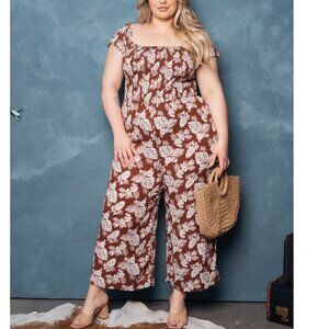 Zenobia Jumpsuit Size 3XL  Brown Floral Crop Wide Leg Rayon Sundress NWT